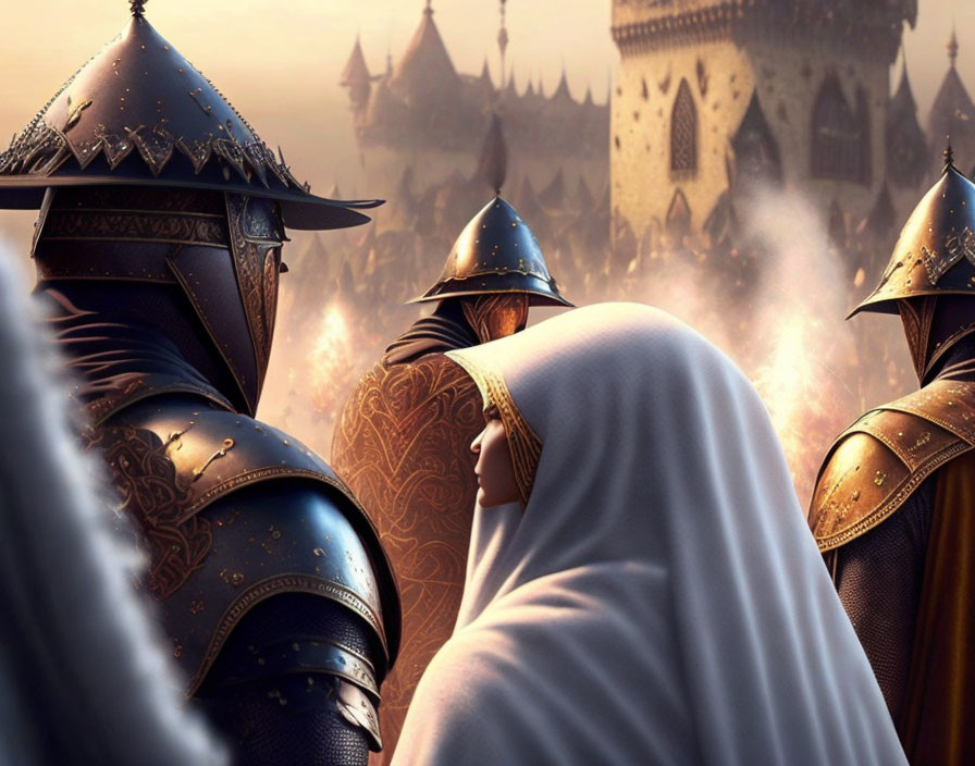 Medieval knights in ornate armor before a castle at sunrise