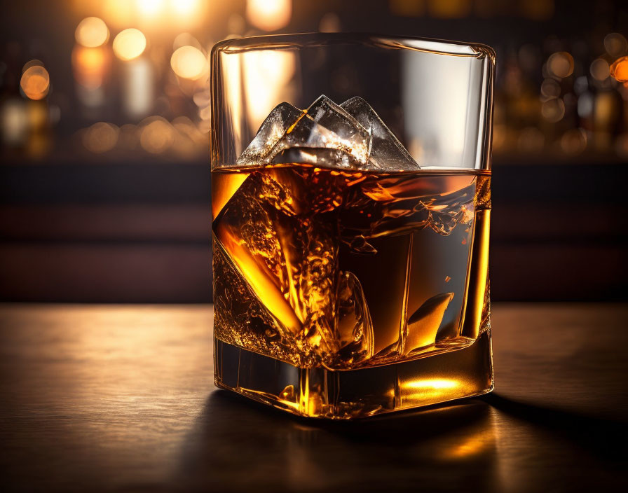 Whiskey Glass with Ice on Bar Counter in Warm Light