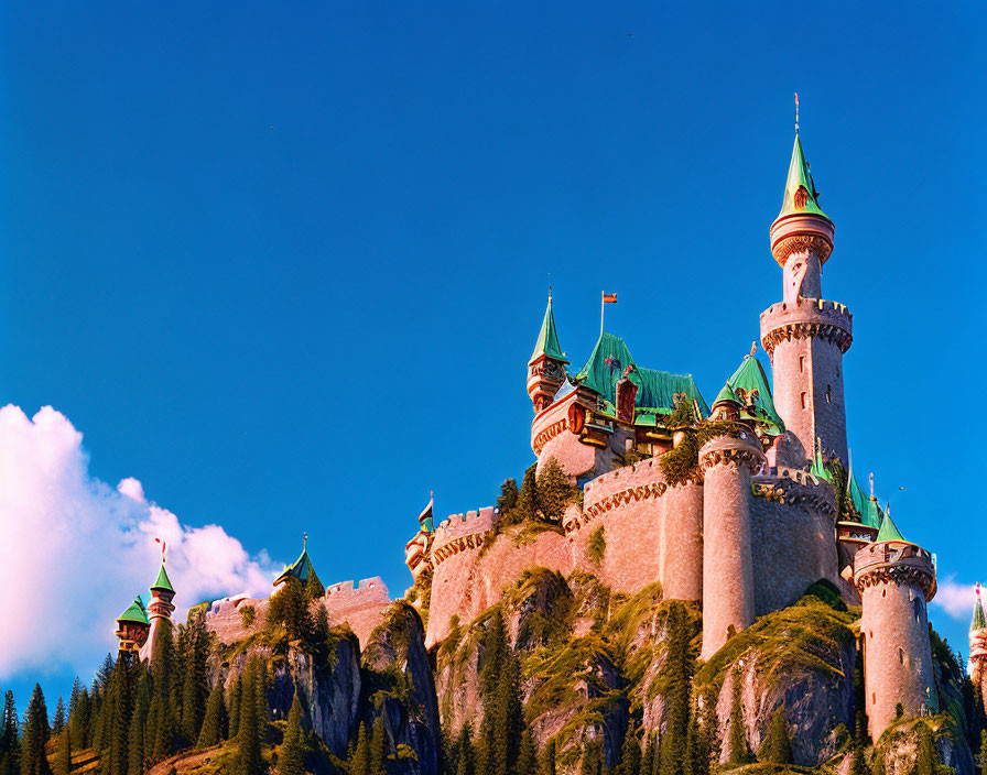 Majestic fairy tale castle on green hill under blue sky