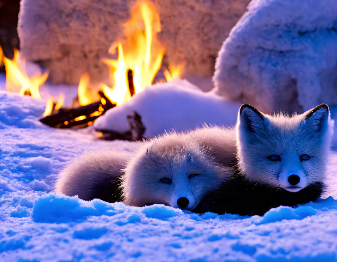 Arctic foxes resting on snow by campfire at twilight