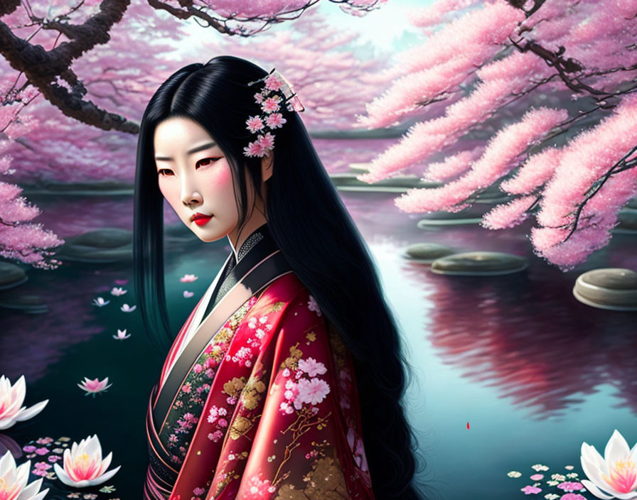 Illustration of woman in traditional Japanese attire by pond with cherry blossoms and lotus flowers