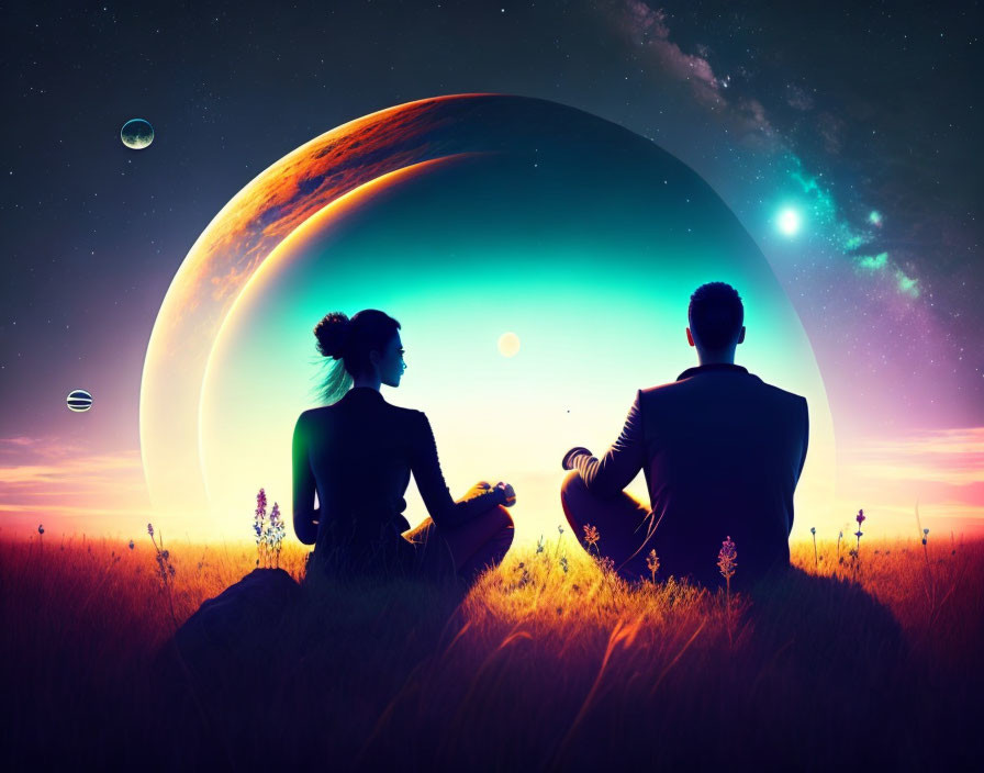 Two individuals admiring surreal sky with oversized planets and star