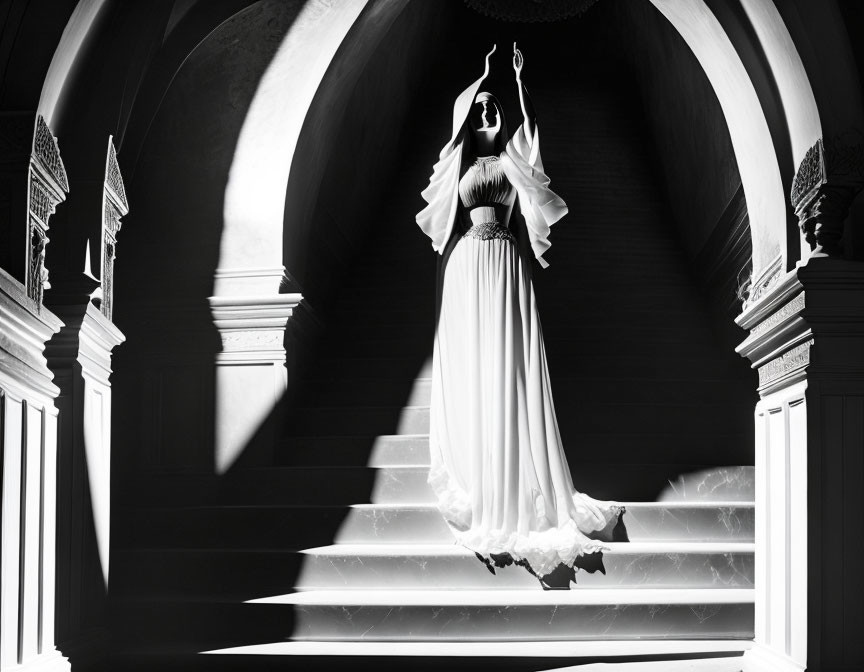 Person in white dress on stairs in dramatic black-and-white setting with arched doorway and streaming light