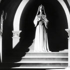 Person in white dress on stairs in dramatic black-and-white setting with arched doorway and streaming light