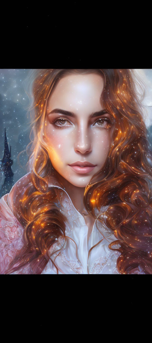 Digital portrait of woman with auburn hair, fair skin, and brown eyes against starry night