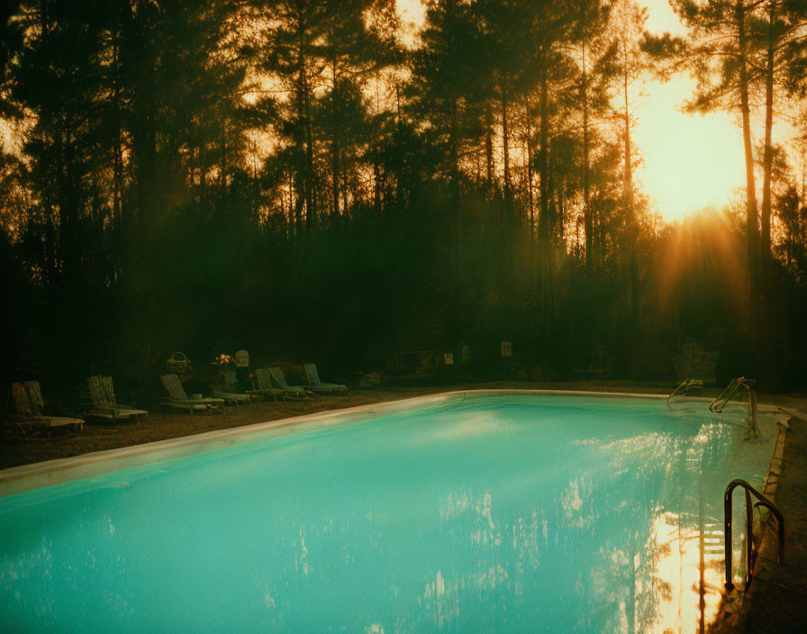 Tranquil Sunset Scene: Swimming Pool, Lounge Chairs, Pine Trees