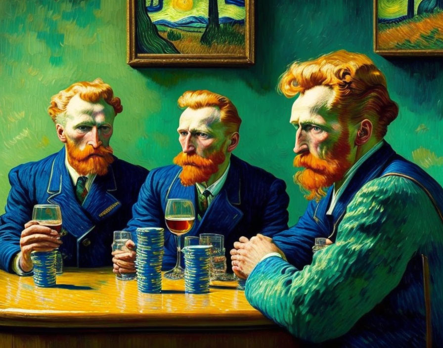 Three men with red beards in blue suits at table with coins and wine in Van Gogh style