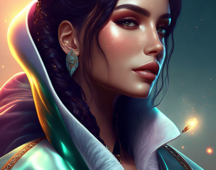 Digital artwork: Woman with braided hair, glowing skin, makeup, earring, teal and orange