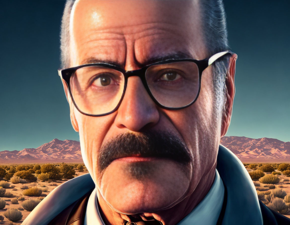 Male character with glasses, mustache, and goatee in desert landscape |  Deep Dream Generator