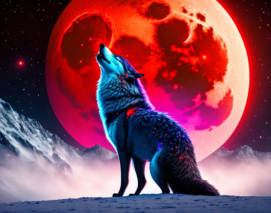 Wolf howling under large red moon on snowy mountaintop