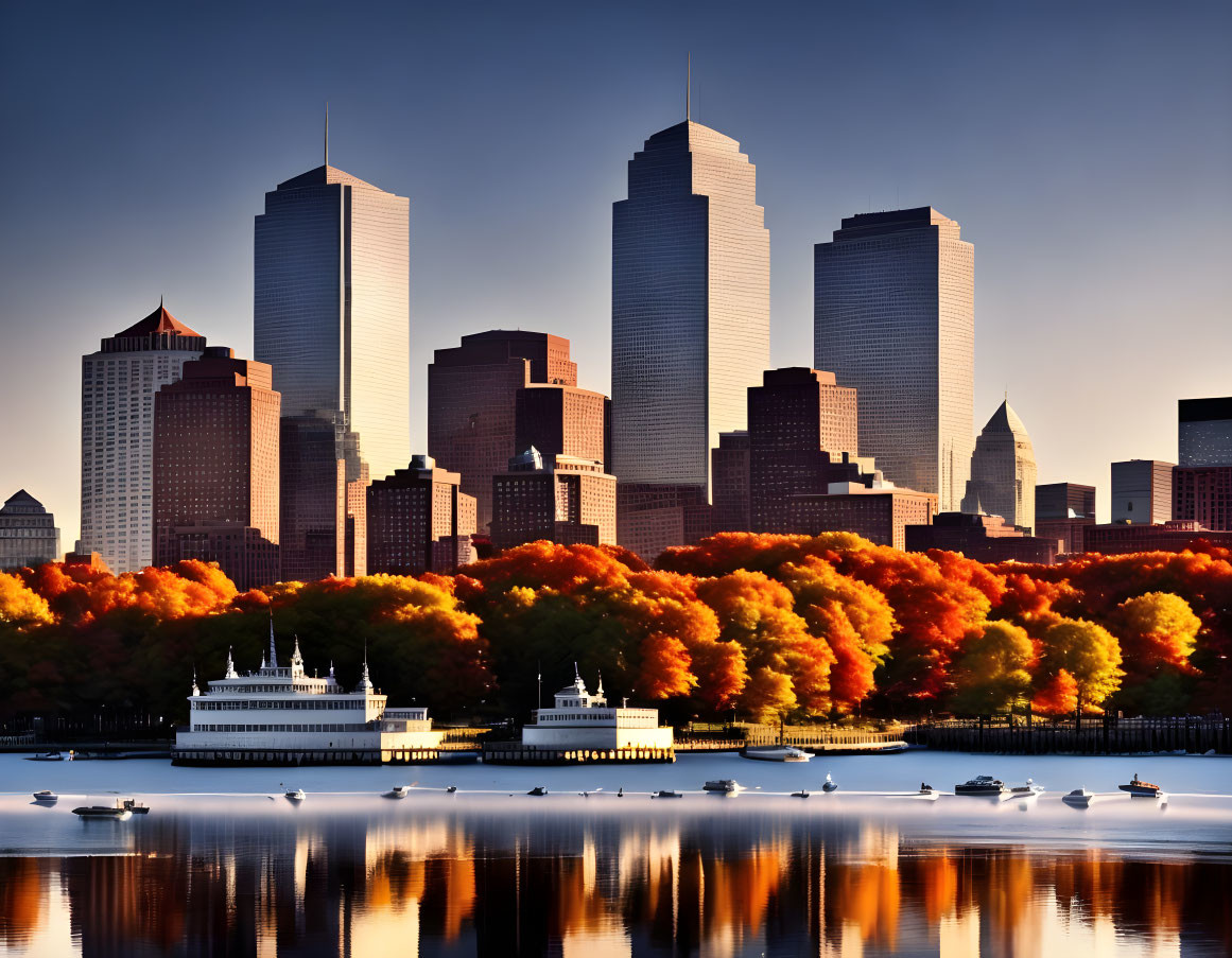 City skyline with modern skyscrapers, river, boats, autumn trees at sunset