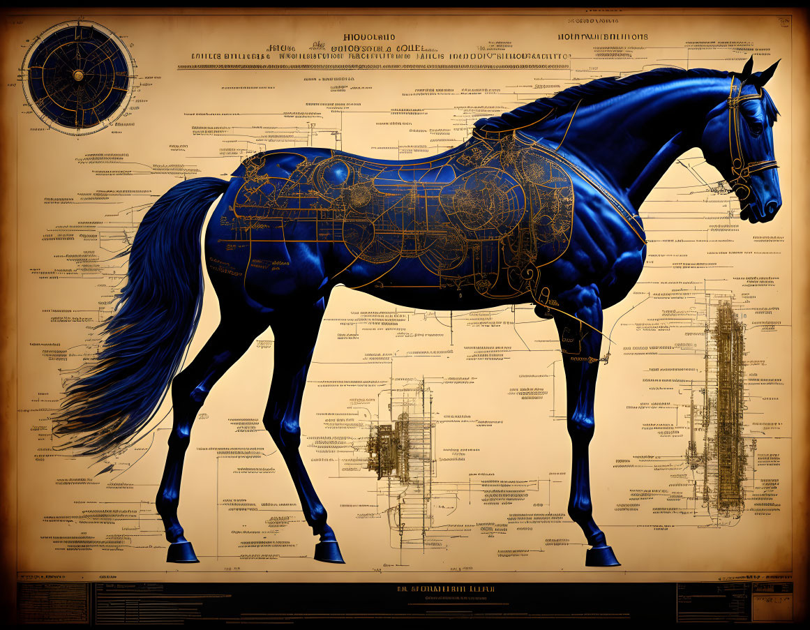 Detailed Horse Anatomy Diagram with Blueprints on Vintage Background