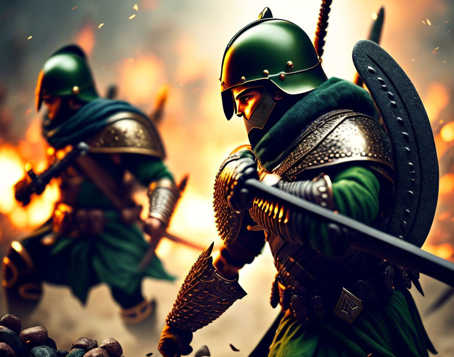 Armored medieval soldiers in combat on fiery battlefield