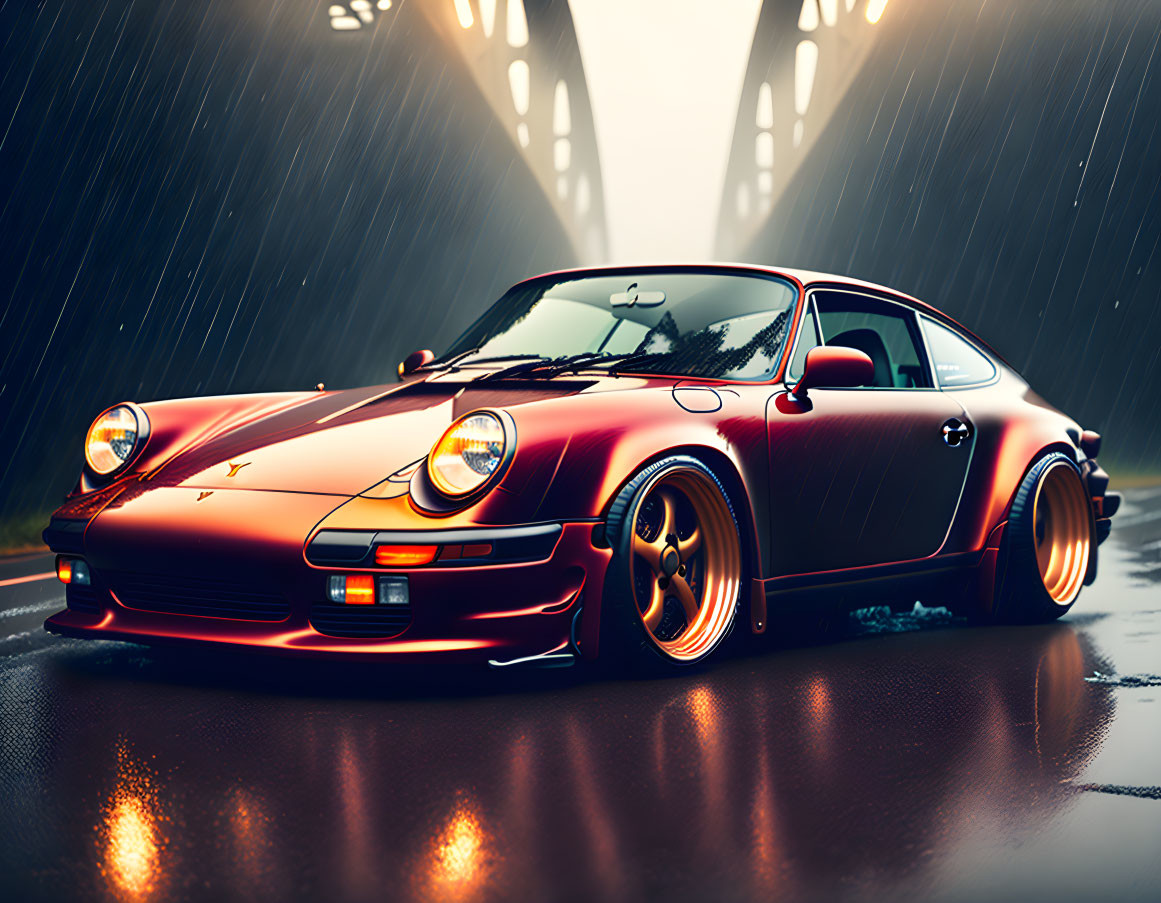 Red Porsche with Golden Rims Parked on Wet Road