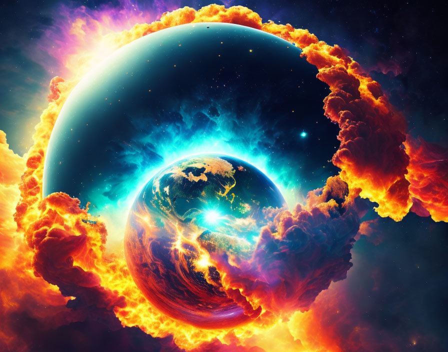 Colorful cosmic illustration of planet in fiery clouds against starry space backdrop