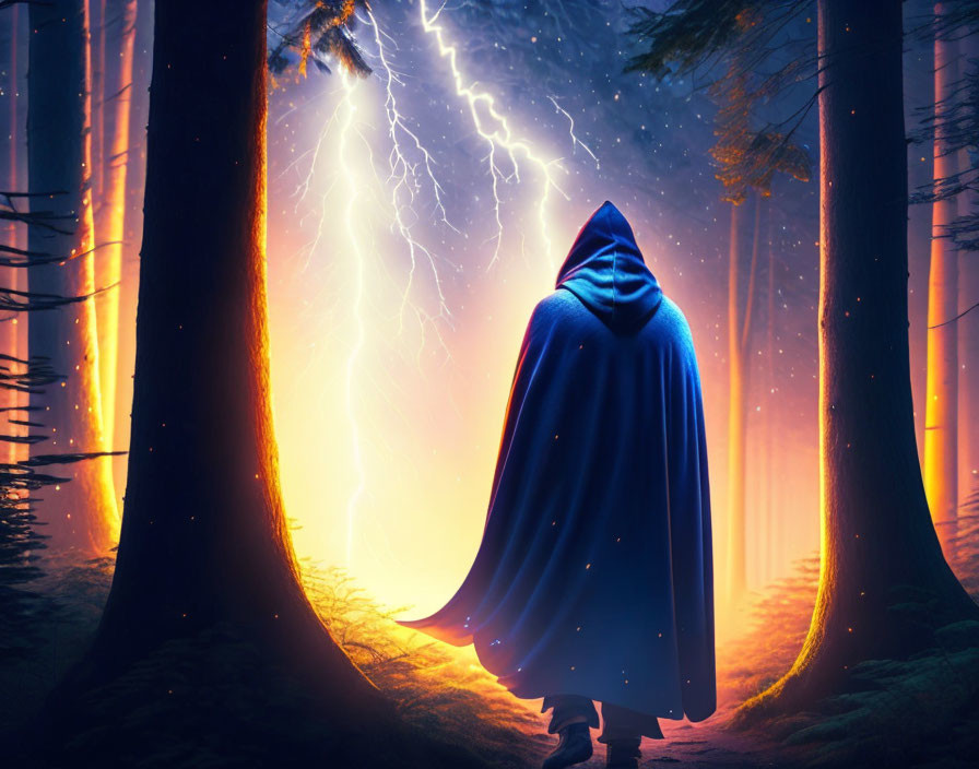 Cloaked figure in mystical forest with lightning bolt and ablaze trees