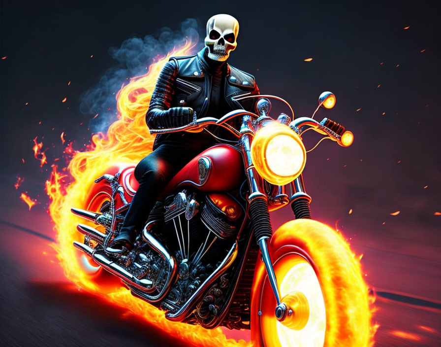 Flaming motorcycle rider in black biker jacket