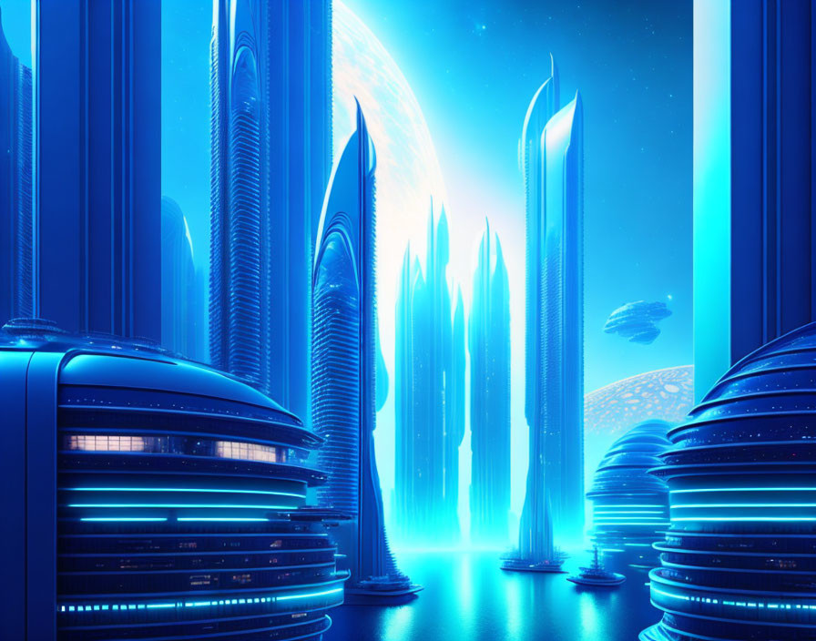 Futuristic cityscape with glowing blue skyscrapers and large moon