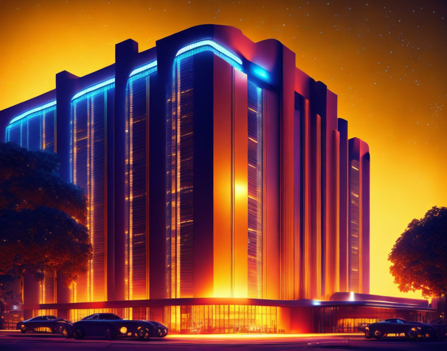 Futuristic neon-lit building with blue and orange hues under starry night sky