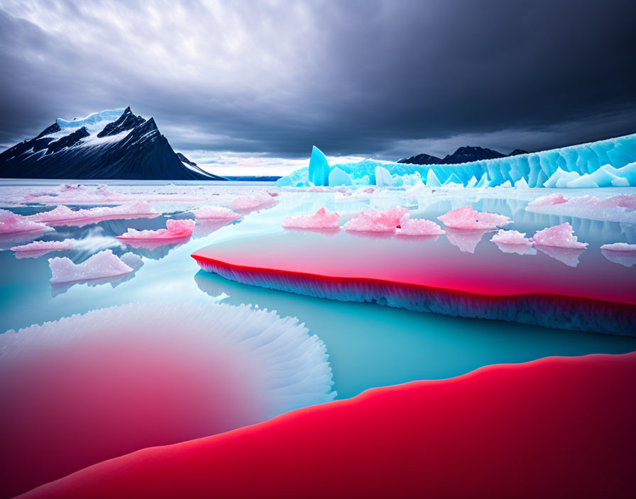 Vibrant pink and red ice landscape with icebergs and mountain in surreal setting