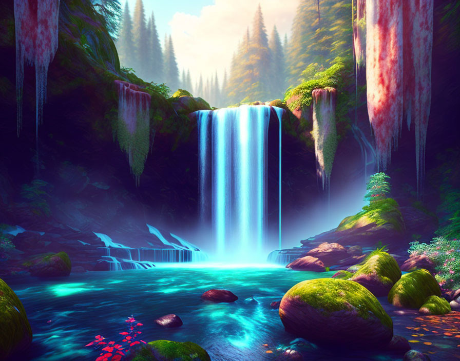 Fantasy landscape with vibrant waterfalls and lush greenery