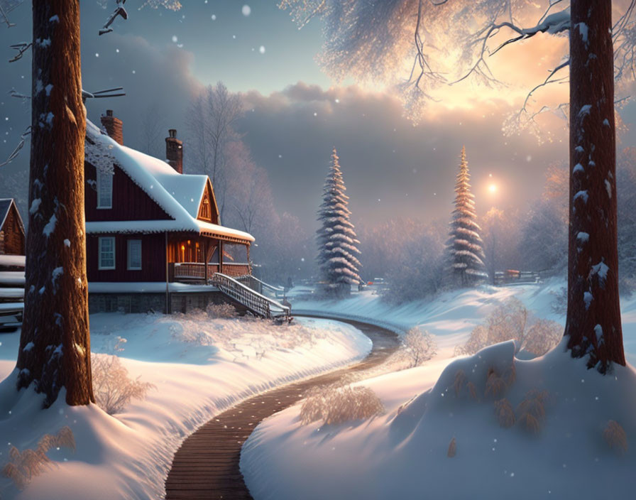 Snowy twilight scene: Red house, snowy trees, gentle snowfall