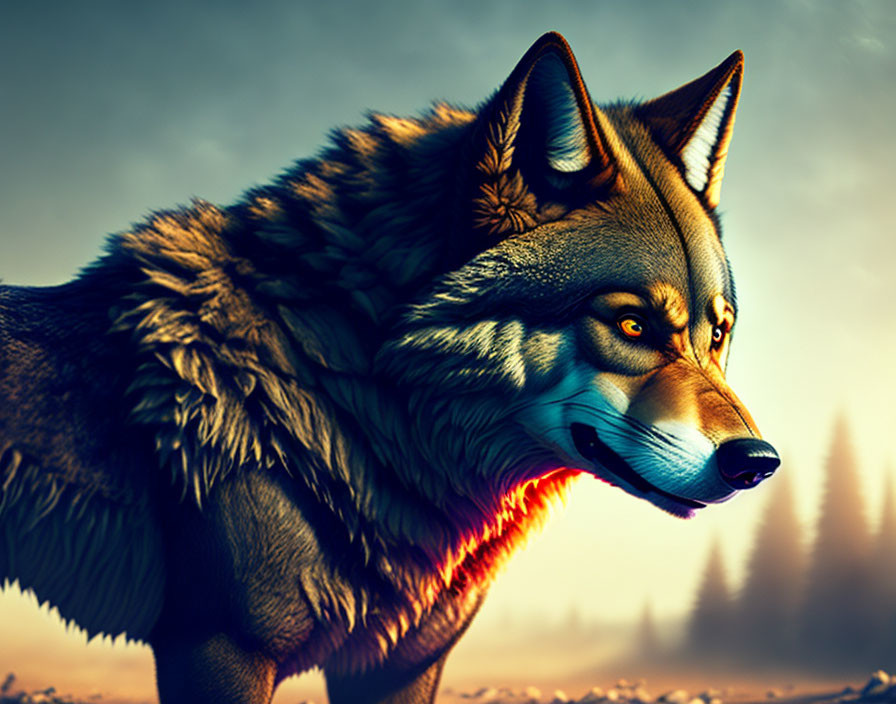 Vibrant digitally enhanced wolf in moody forest sunset