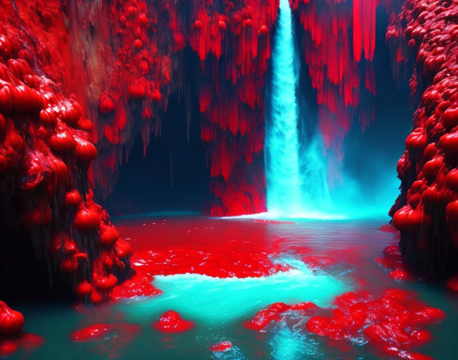 Ethereal cave with red walls and turquoise pool