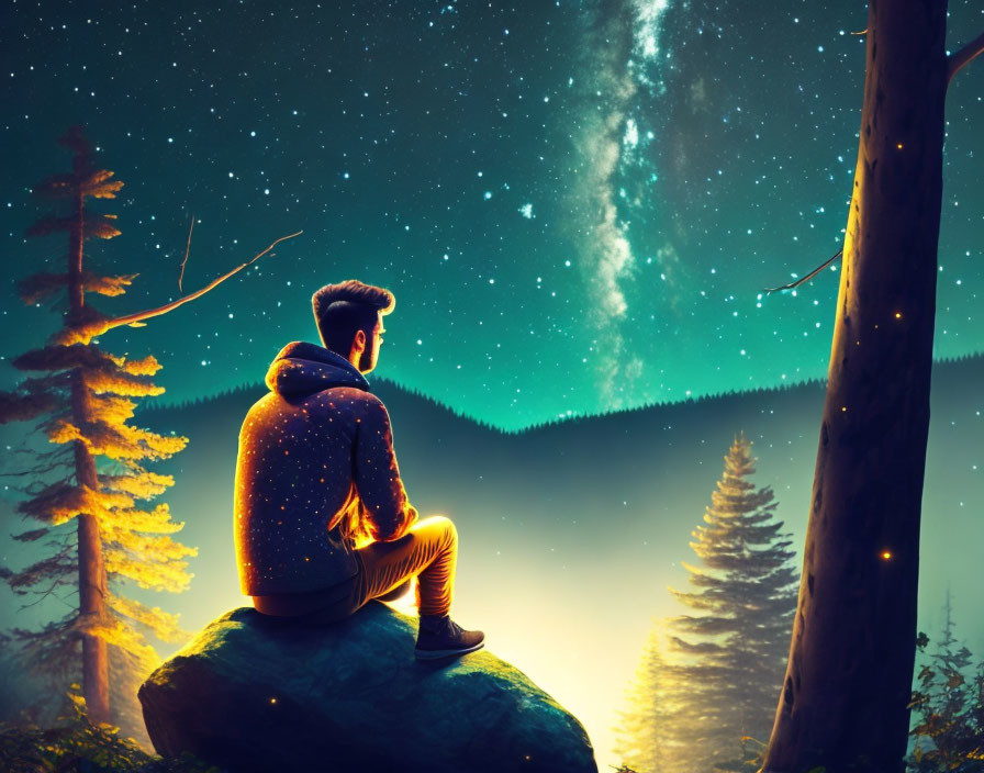 Person sitting on rock under starry sky with Milky Way and forest silhouettes