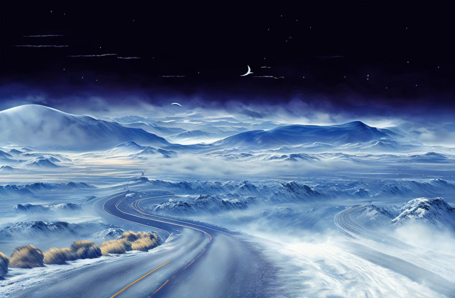 Moonlit Winter Landscape with Winding Road and Snow-covered Hills