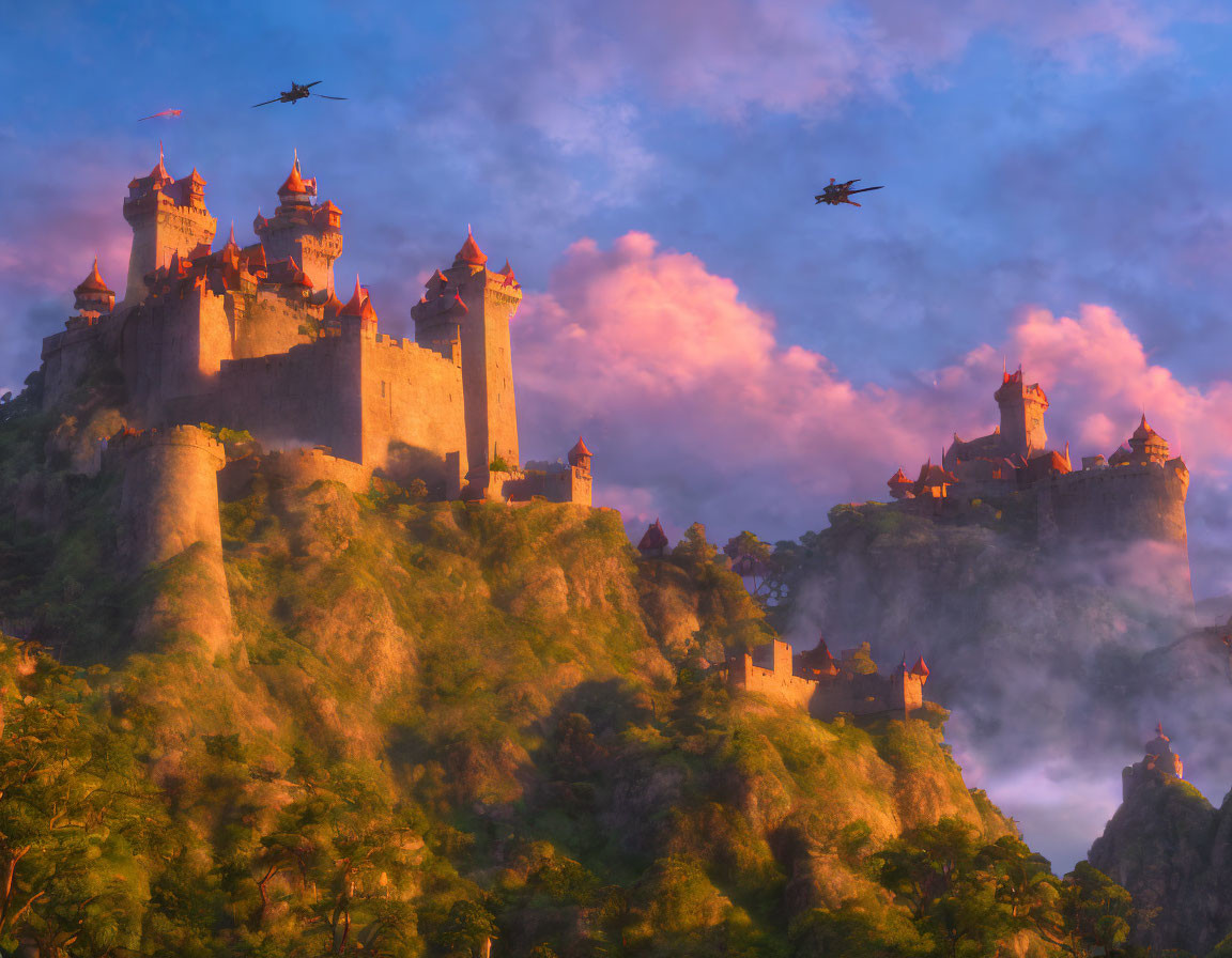 Majestic fantasy castle on misty hill with dragons in warm sky