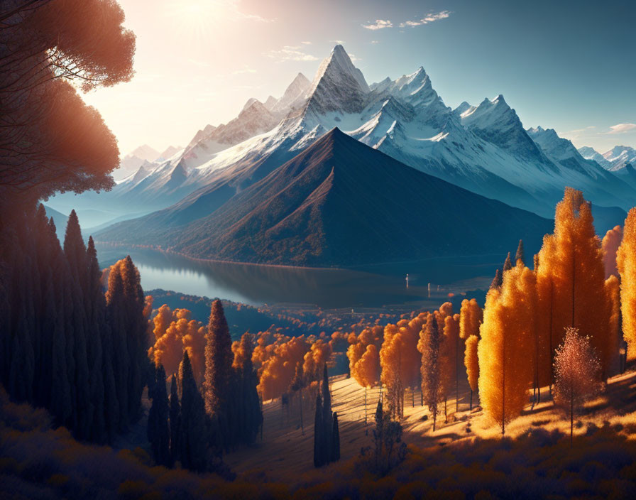 Snowy mountain range and autumn valley landscape under warm light