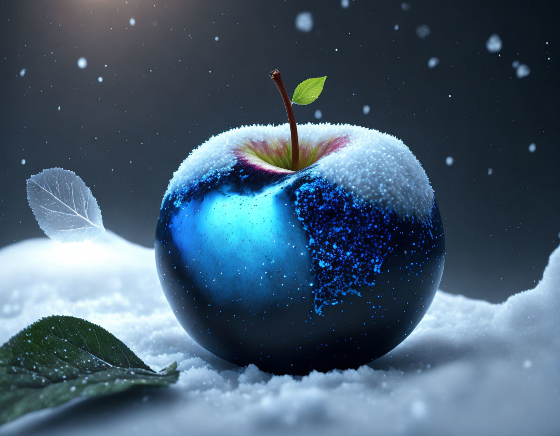 Blue Apple with Snowy Background and Falling Snowflakes