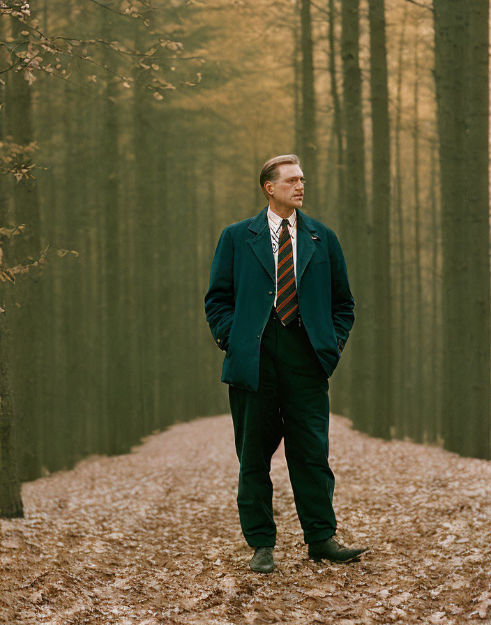 Man in smart blazer standing on forest path with fallen leaves and bare trees.