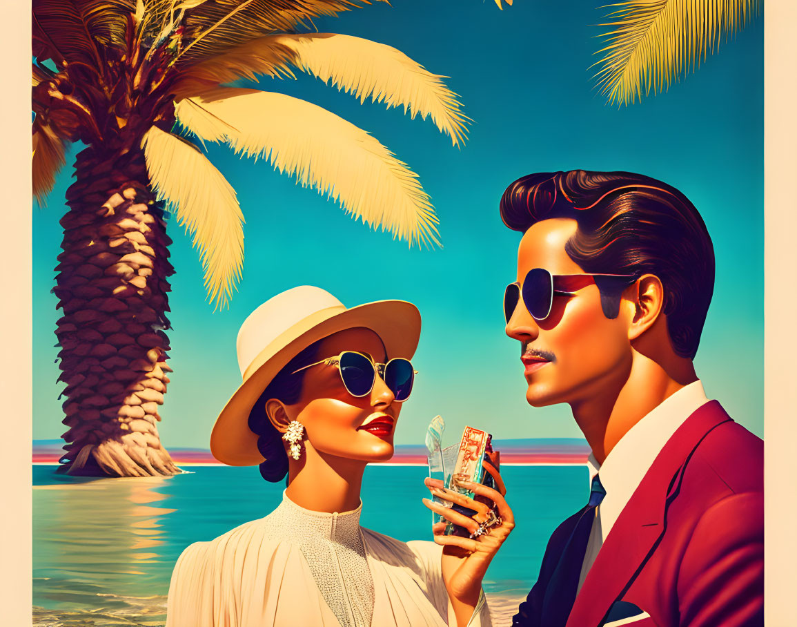 Fashionable Couple in Sunglasses on Sunny Beach with Palm Tree and Sea