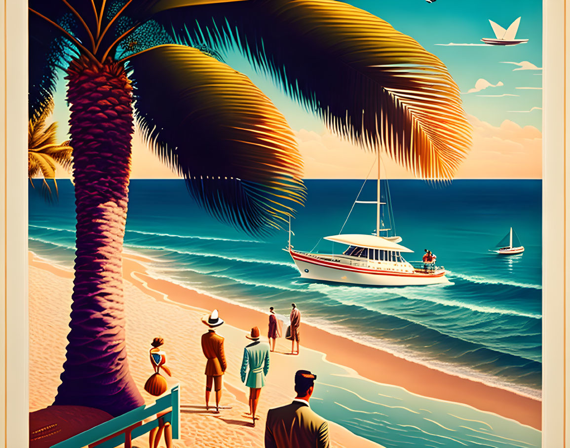 Vibrant retro-style beach scene with palm trees and boat on clear sky.