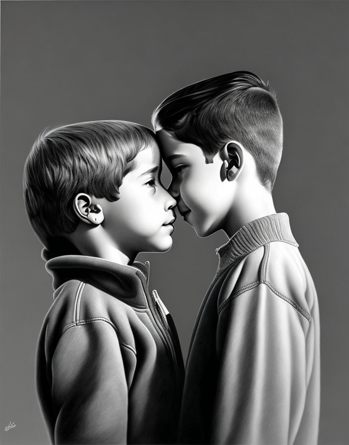 Detailed grayscale portrait of two children in close connection