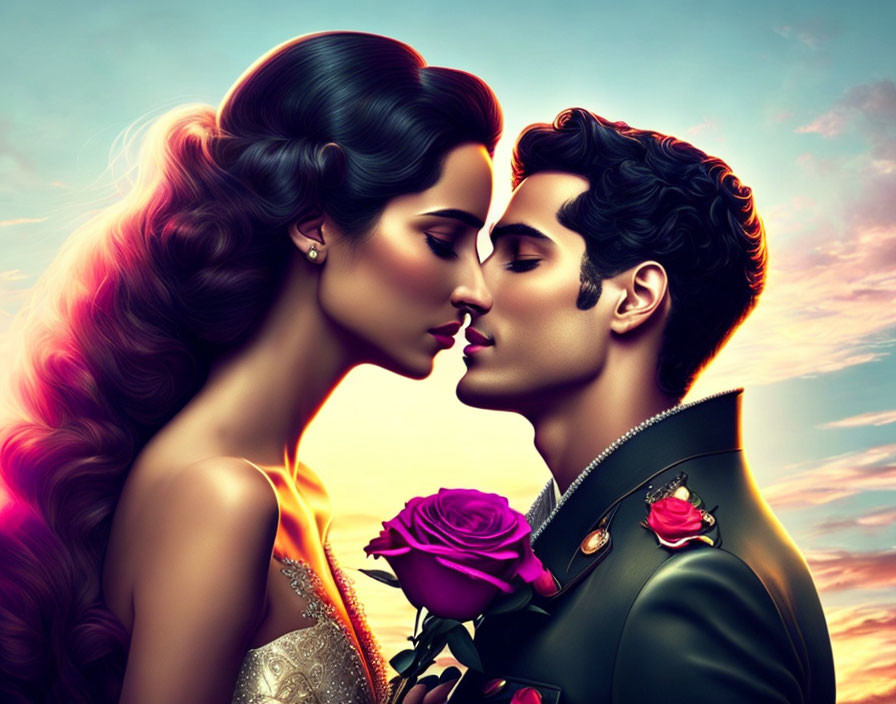 Illustrated couple kissing at sunset with woman holding pink rose