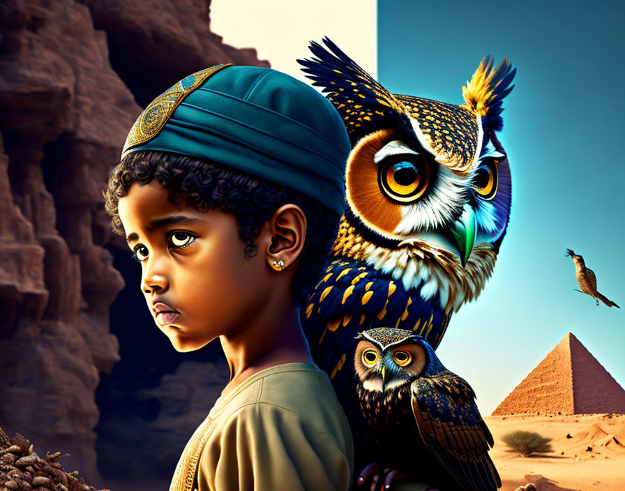 Child in green turban with owls in desert with pyramids.