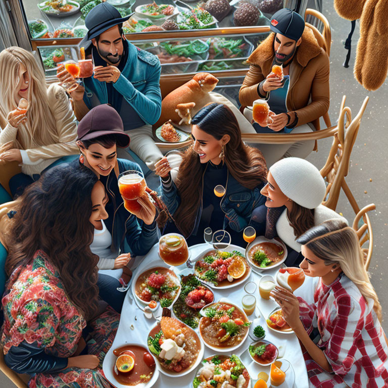 Friends dining together at a table, sharing meal and laughter