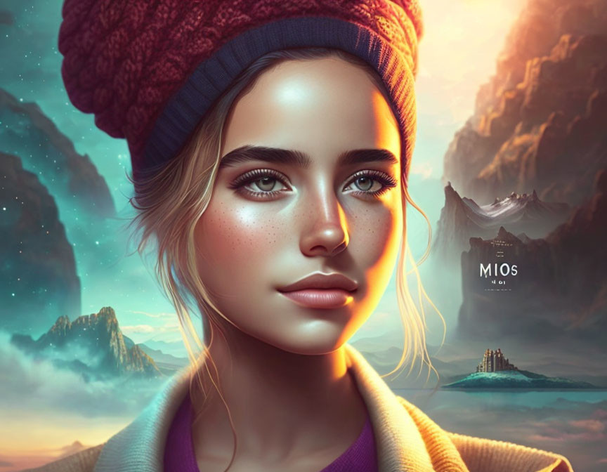 Realistic digital artwork of young woman in beanie with fantasy backdrop