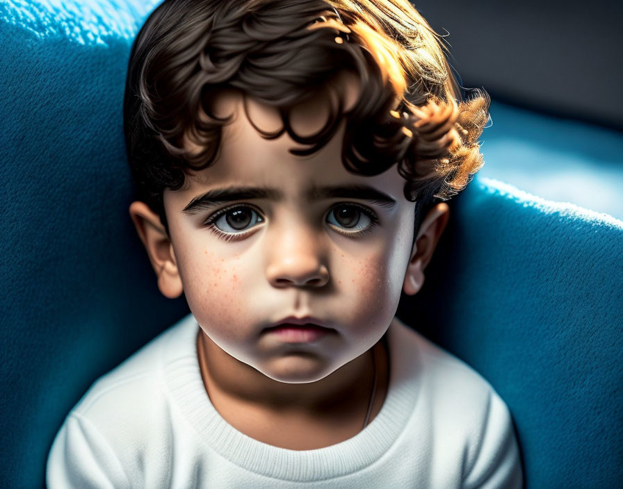 Young child with curly hair and expressive eyes on blue couch under dramatic lighting