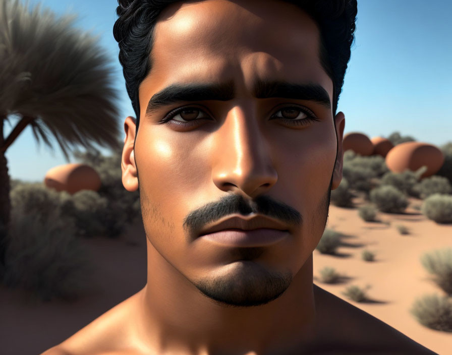 3D rendered image of a somber man in desert landscape