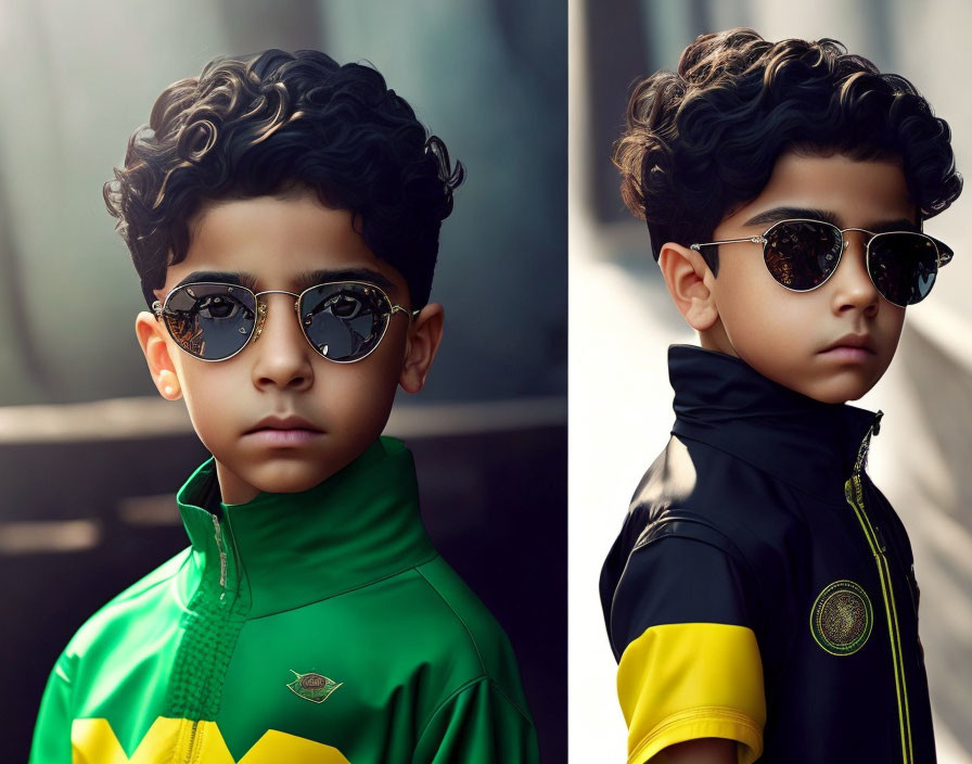 Stylish young boy in fashionable poses with curly hair and sunglasses