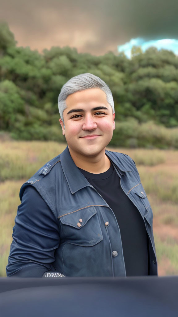 Gray-Haired Person Smiling in Blue Jacket and Black Shirt