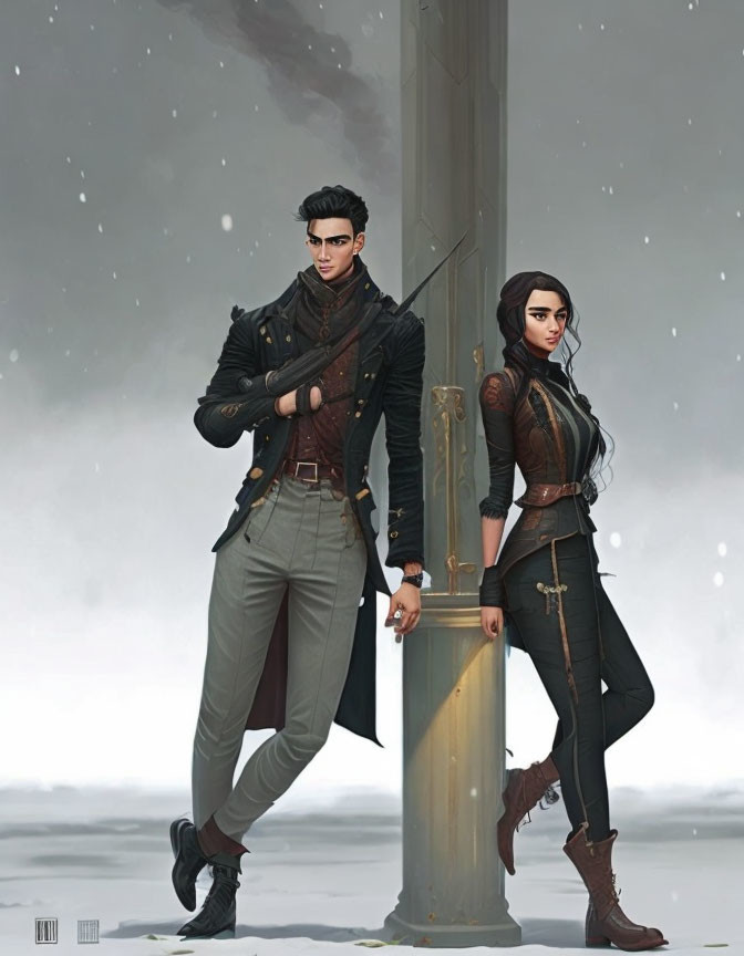 Steampunk-themed animated characters in snowy setting