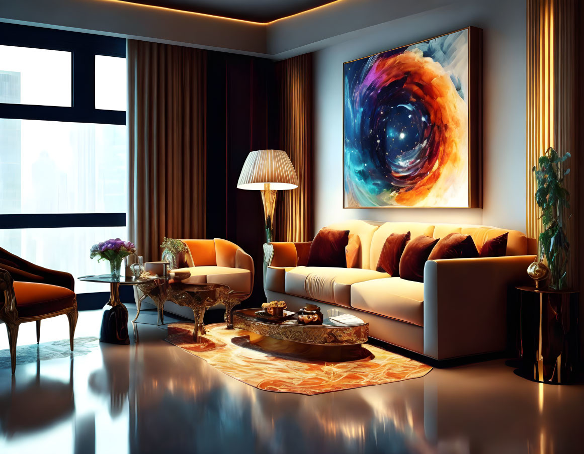 Spacious living room with cosmic painting, orange sofa, glass table, flowers, lamp, city view