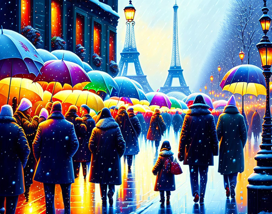 Vibrant crowd with umbrellas on snowy Paris street near Eiffel Tower