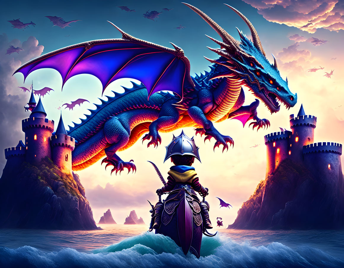 Knight confronts blue dragon at sunset castle on rocky coastline