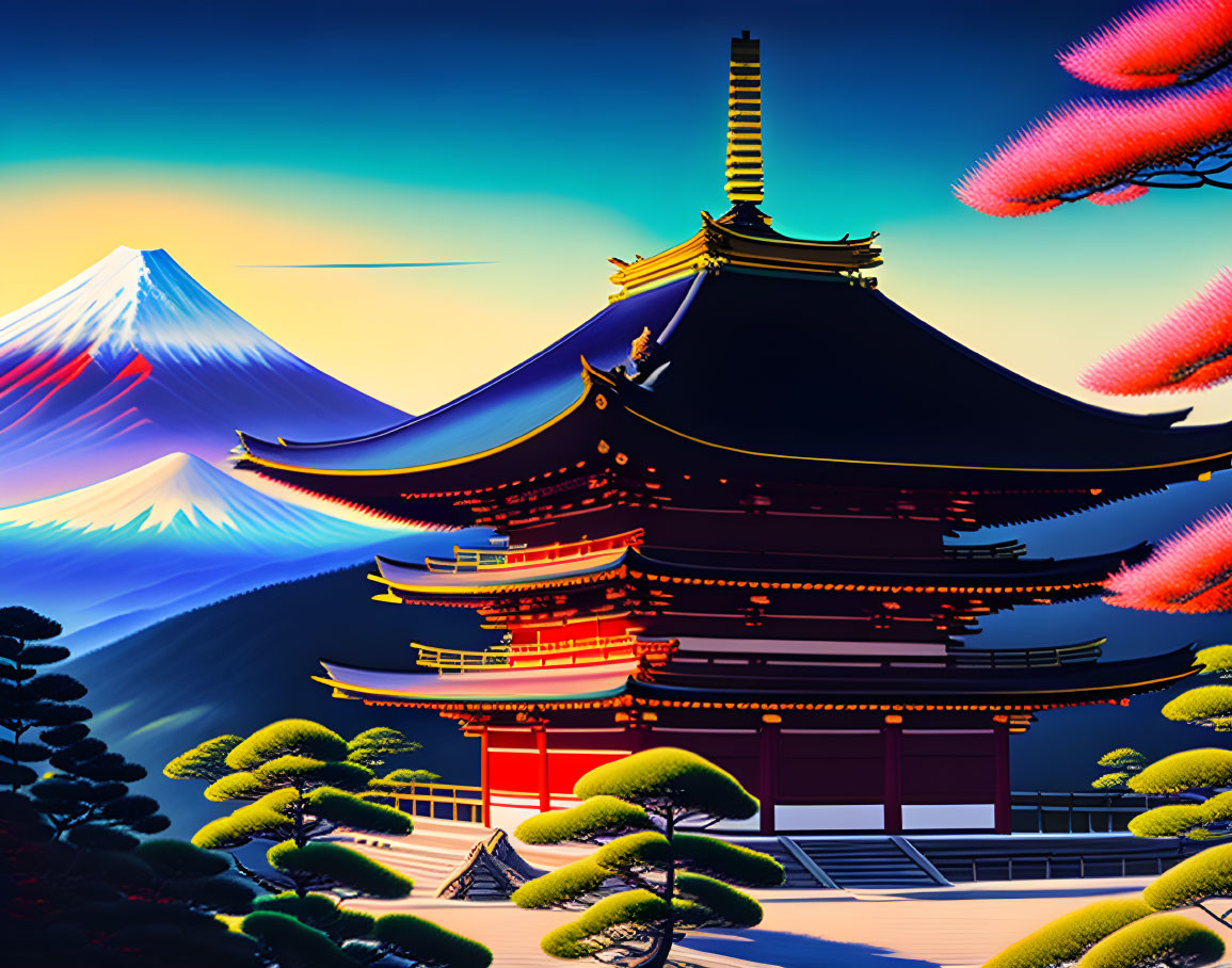 Japanese Temple with Mount Fuji and Colorful Trees in Vibrant Illustration